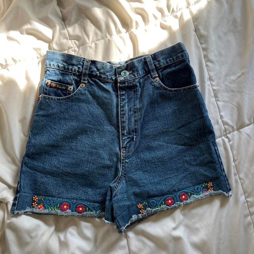 Route 66 Denim Highrise Embroidered Mini Denim Medium Wash Raw Edge Jean Shorts